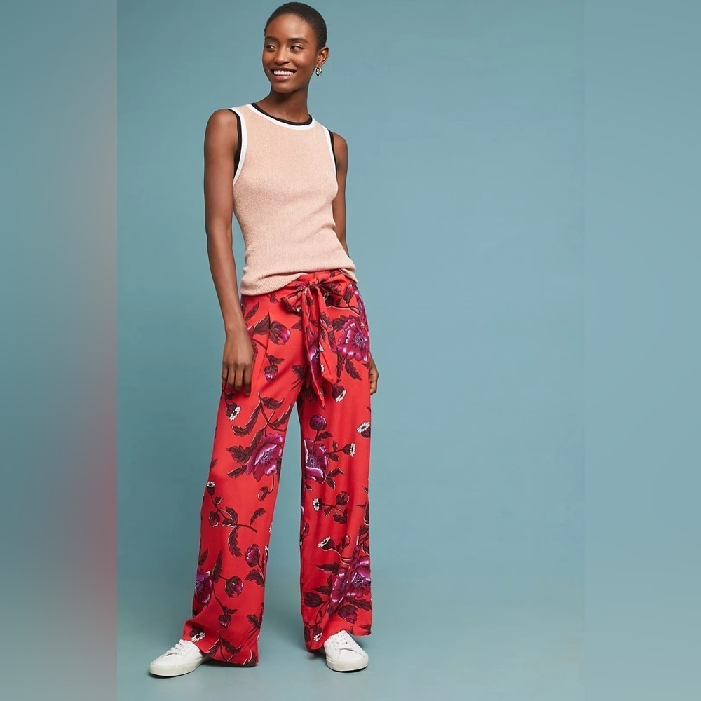 anthropologie ett:twa margo floral wide leg belted trousers